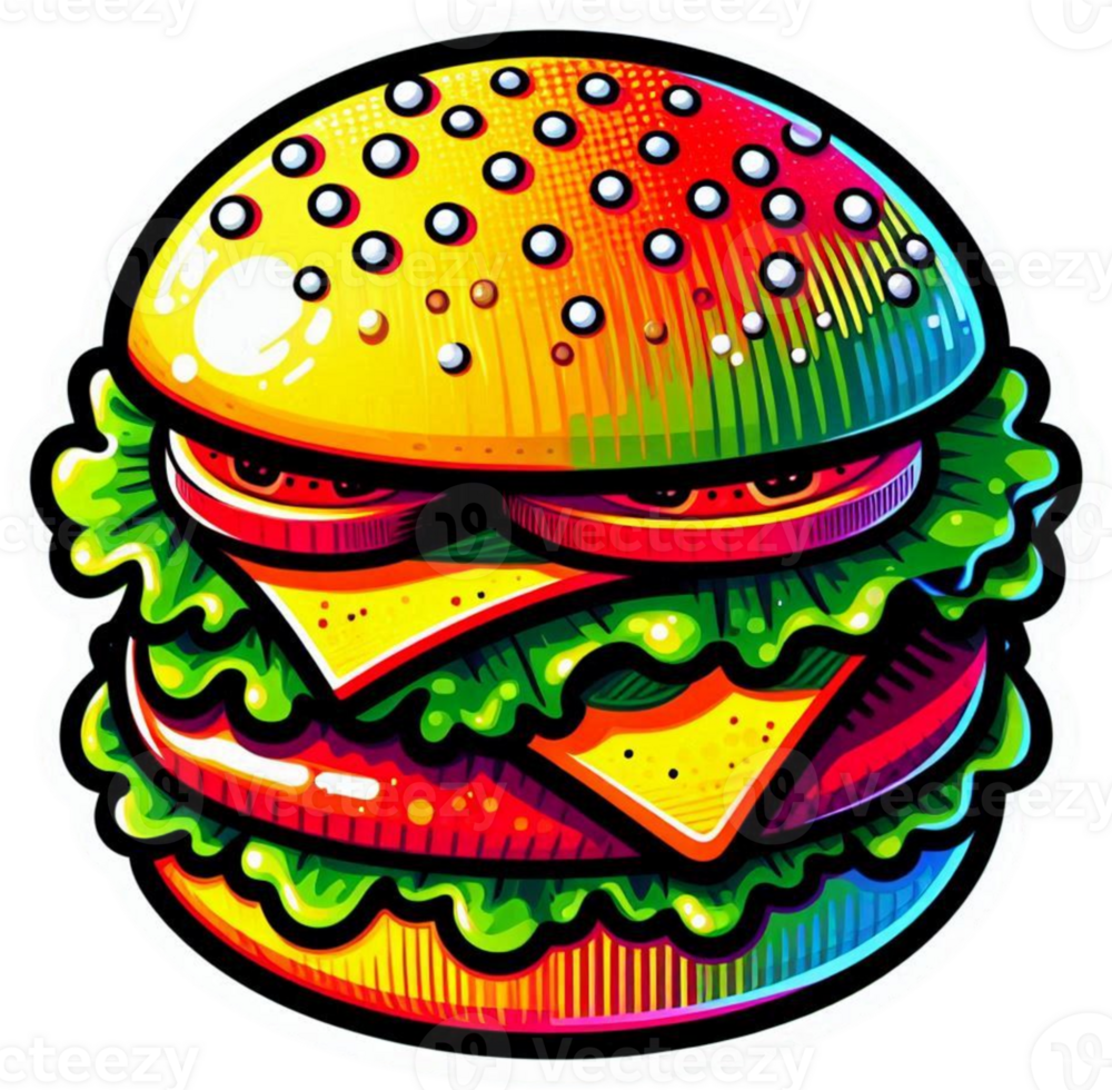 A colorful hamburger with lettuce, ketchup, and pickles in a bright, festive color palette in a pop art style. icon, transparent png