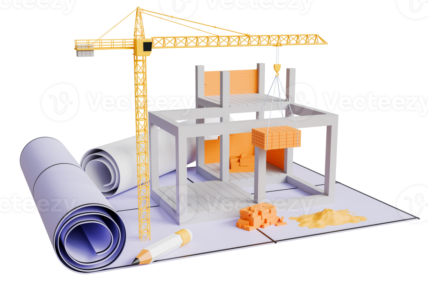 3D tower crane illustration with architectural building plan Blueprint of house and apartment, top view with clipping path. png