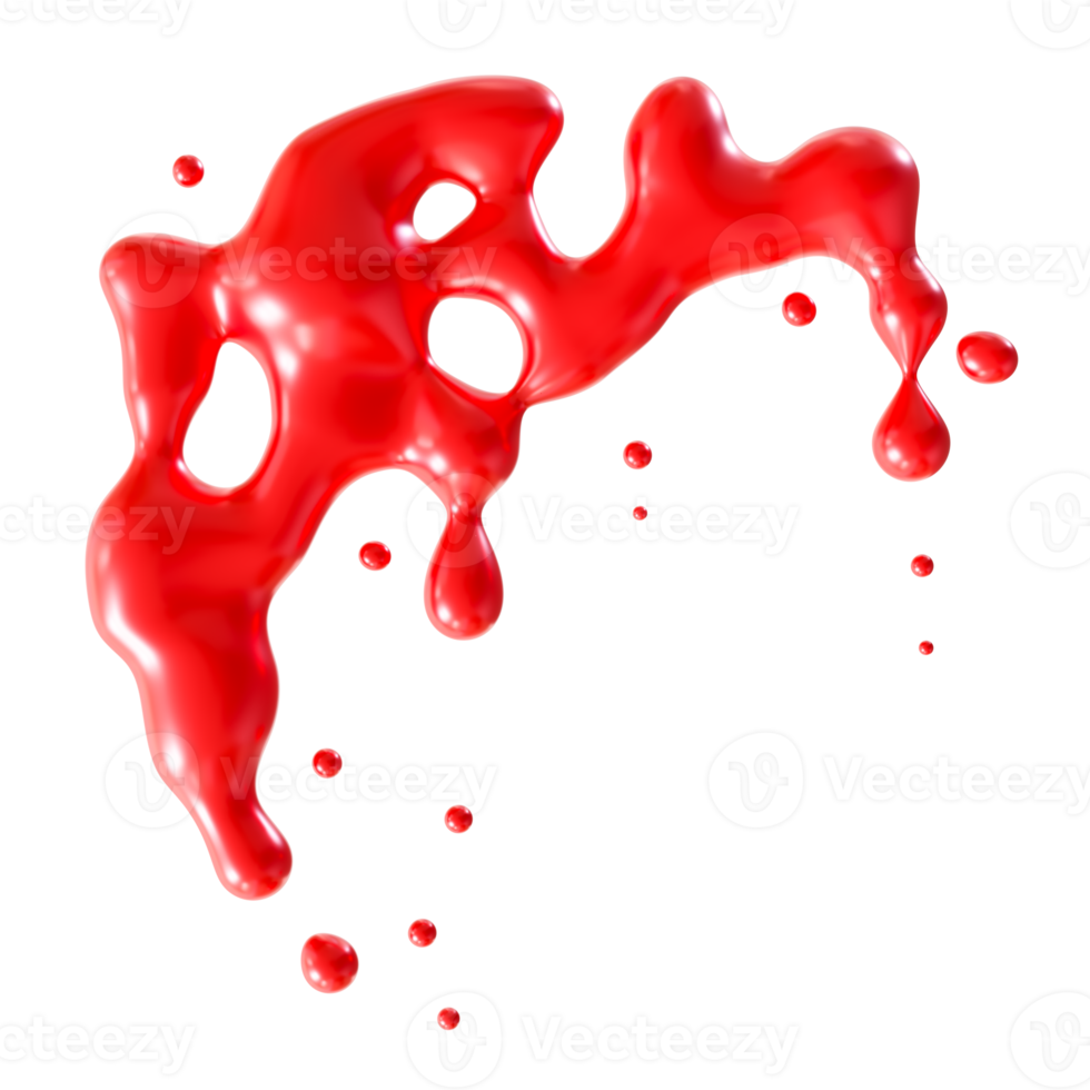 Vivid red blood splash on transparent background, perfect as dramatic and eerie Halloween design element. Cut out of red dripping liquid, fluid. 3D render. png