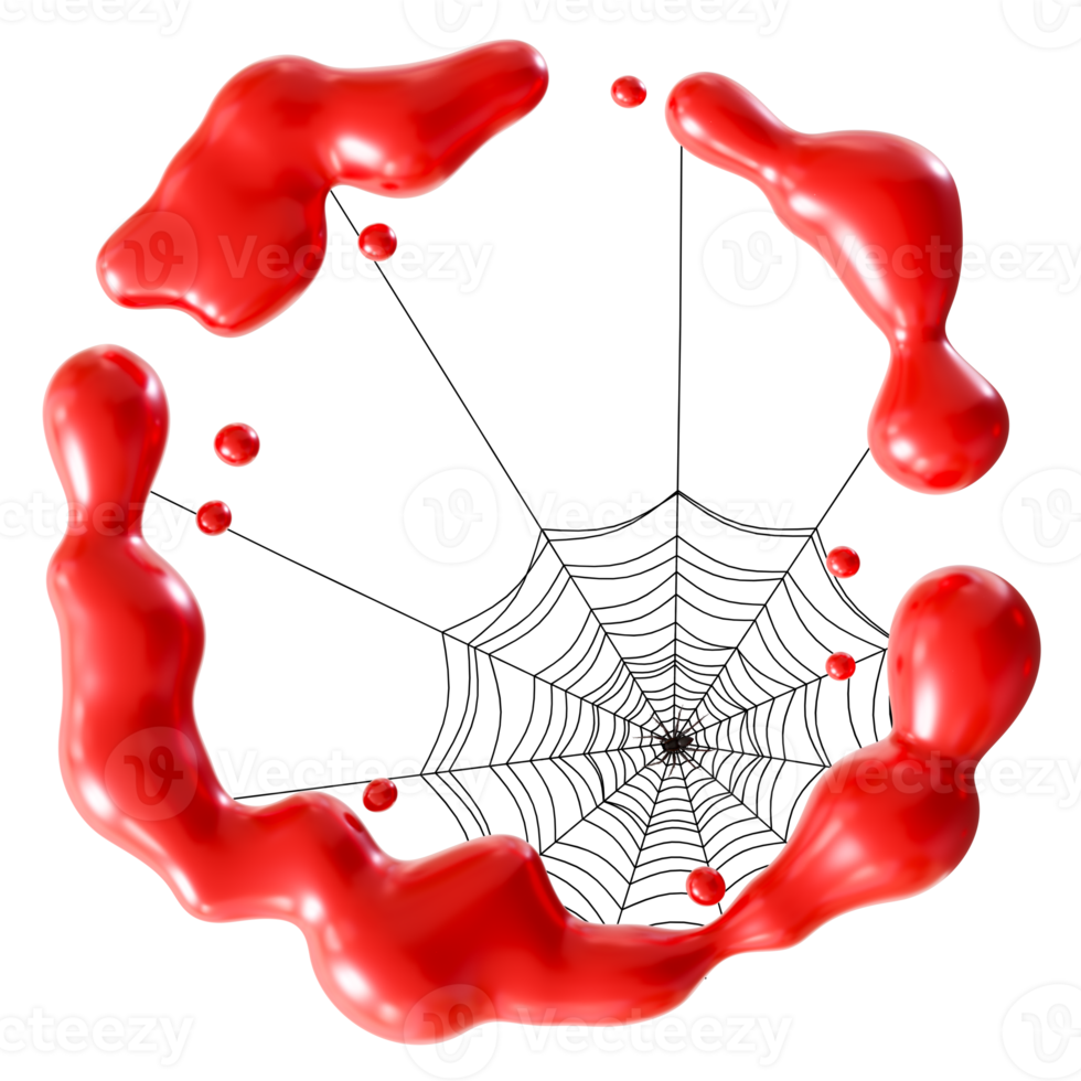 Vivid red blood splashes and spider with a web, on transparent background, dramatic and eerie Halloween design element. Cut out of red liquid, fluid. 3D render. png