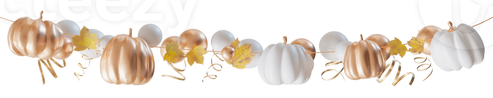 Elegant Halloween garland of glossy metallic and white pumpkins with golden leaves and ribbons, on transparent background. Can be used as divider, footer or header. Halloween party. 3D render. png