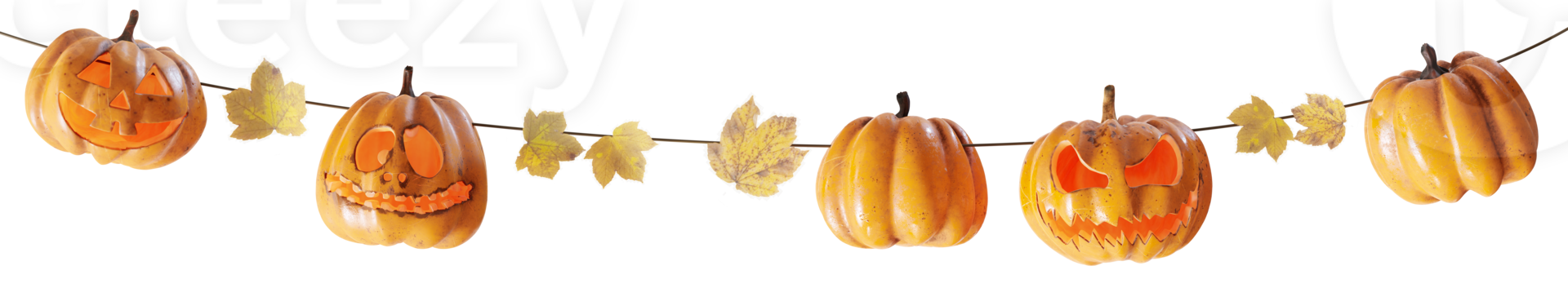 Charming Halloween garland featuring line of carved jack-o'-lanterns and autumn leaves, on transparent background. Can be used as divider, footer or header. Halloween party. 3D render. png