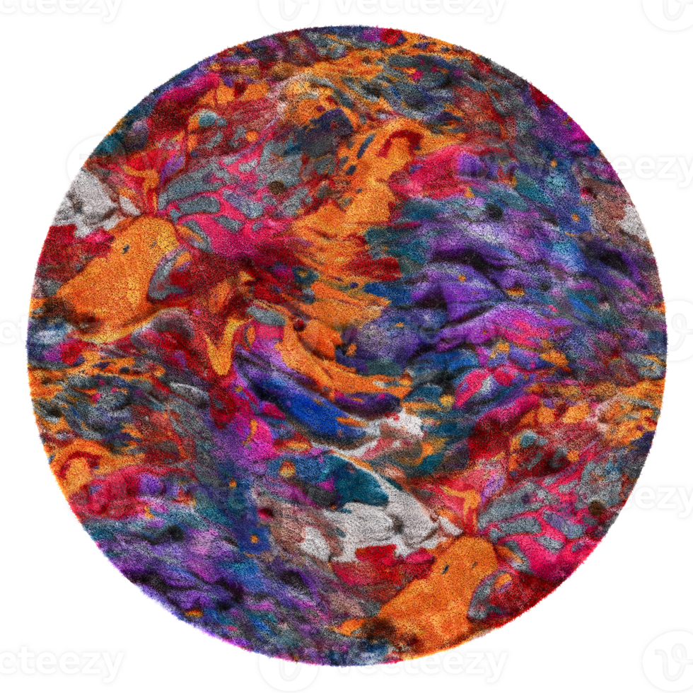 Colorful, vibrant round carpet with detailed texture, perfect for modern home, kids room interiors, on transparent background. Cut out rug. Rainbow, playful style. Top view, floor plan element. 3D. png