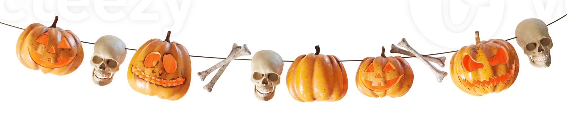 Captivating Halloween garland featuring carved jack-o'-lanterns, skulls, and bones on a string, on transparent background. Can be used as divider, footer or header. Halloween party. 3D render. png