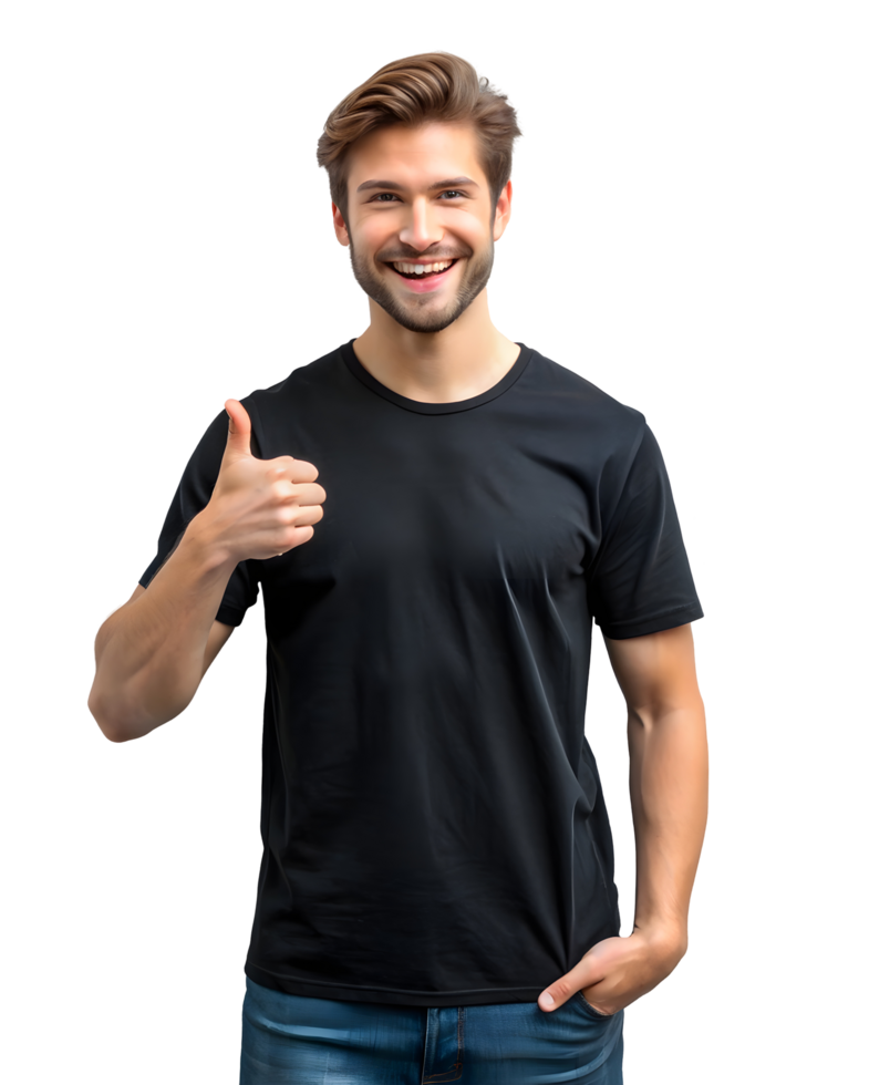 A Happy Young Man Wearing a Black T-Shirt, a Mockup Concept png