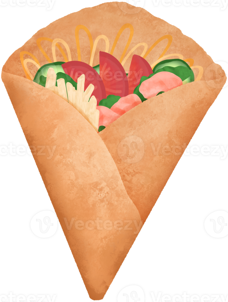 A crispy crepe filled with vegetables and tomatoes, topped with chicken and shrimp. png