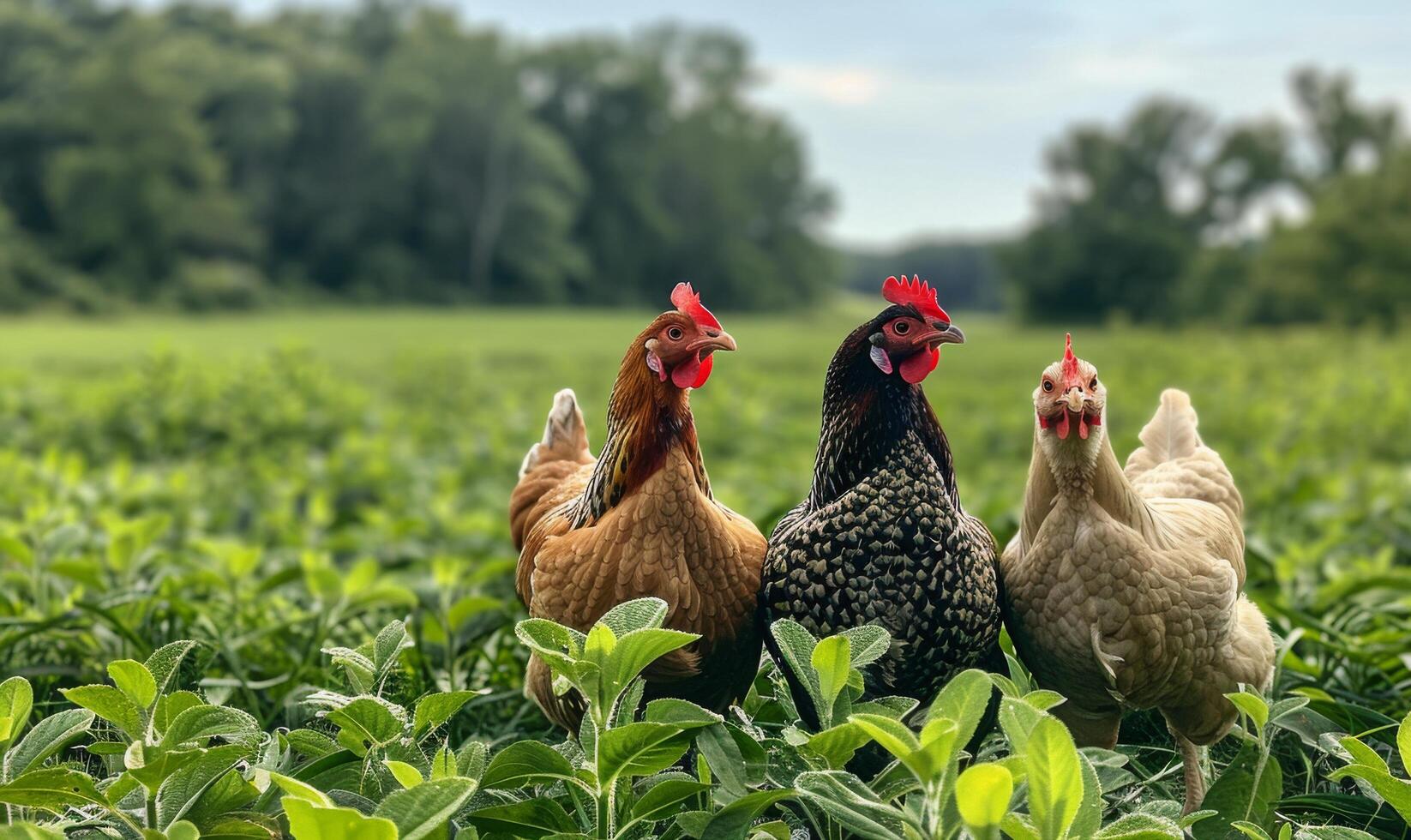 Three Chickens in a Green Field on a Summer Day photo