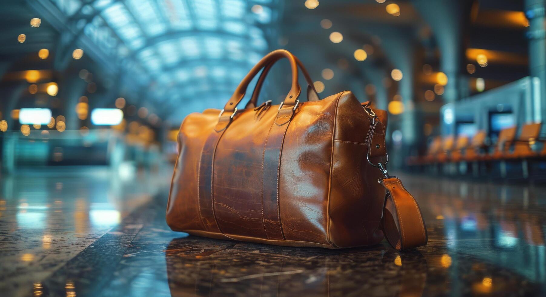 Brown Leather Travel Bag Left On Airport Floor photo