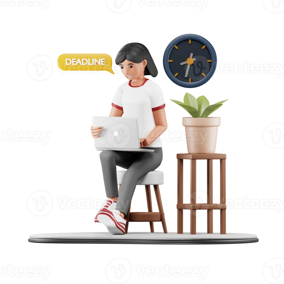 3D Businesswoman Facing Work Deadline. Modern Cartoon Character Illustration for Corporate and Time Management png