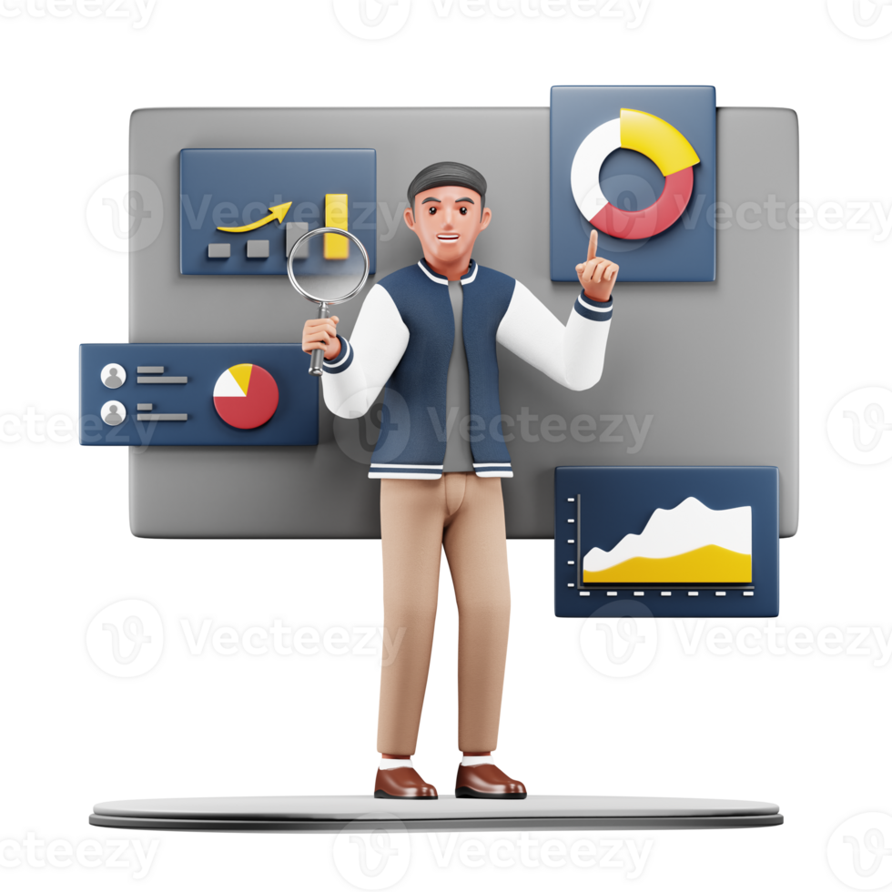 3D Businessman Analyzing Data. Modern Cartoon Character Illustration for Business and Corporate Projects png