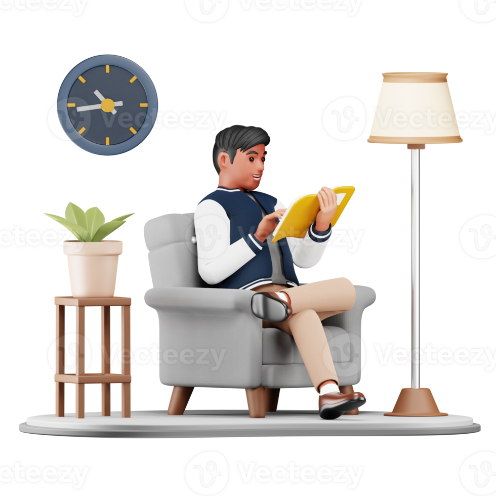 3D Man Character Sitting on Armchair while Reading Book for Cozy Home and Literary Design png