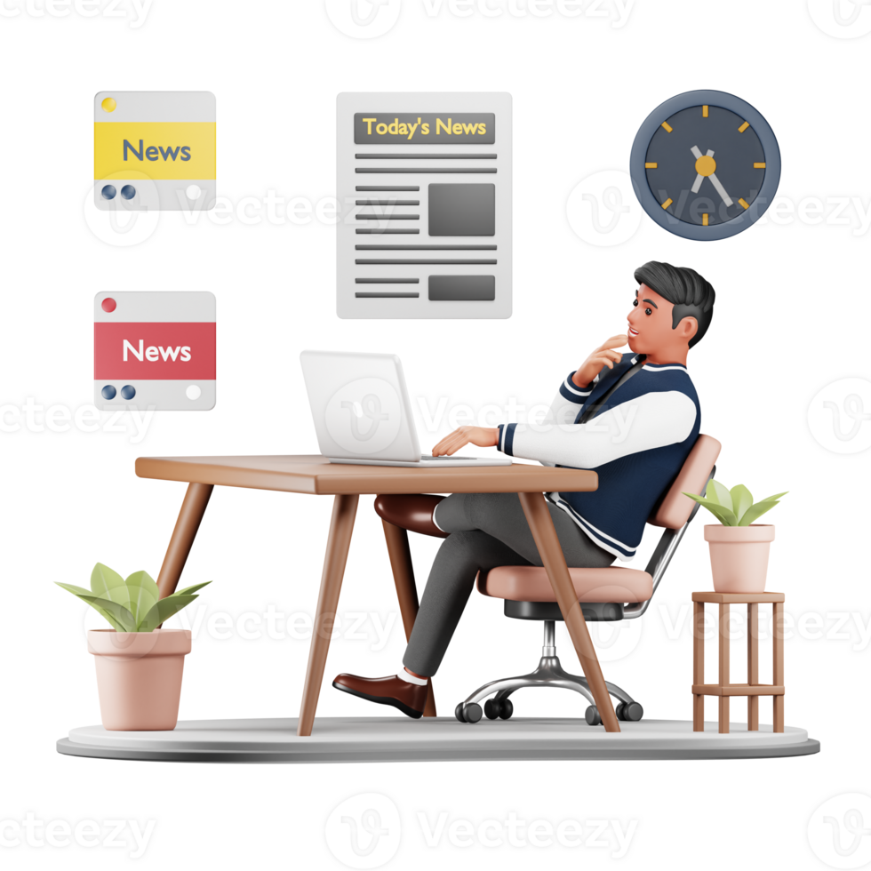 3D Man Reading News on Laptop. Cartoon Character Illustration png