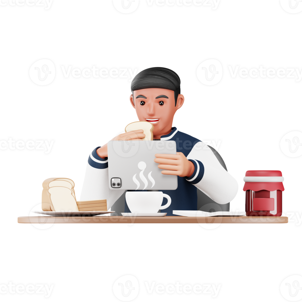 3D Man Having Breakfast with Tablet. Cartoon Character Illustration for Lifestyle and Morning Routine png