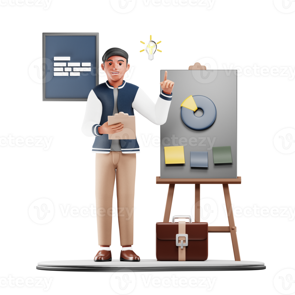 3D Businessman Presenting Business Targets. Cartoon Character Illustration for Corporate and Business Project png