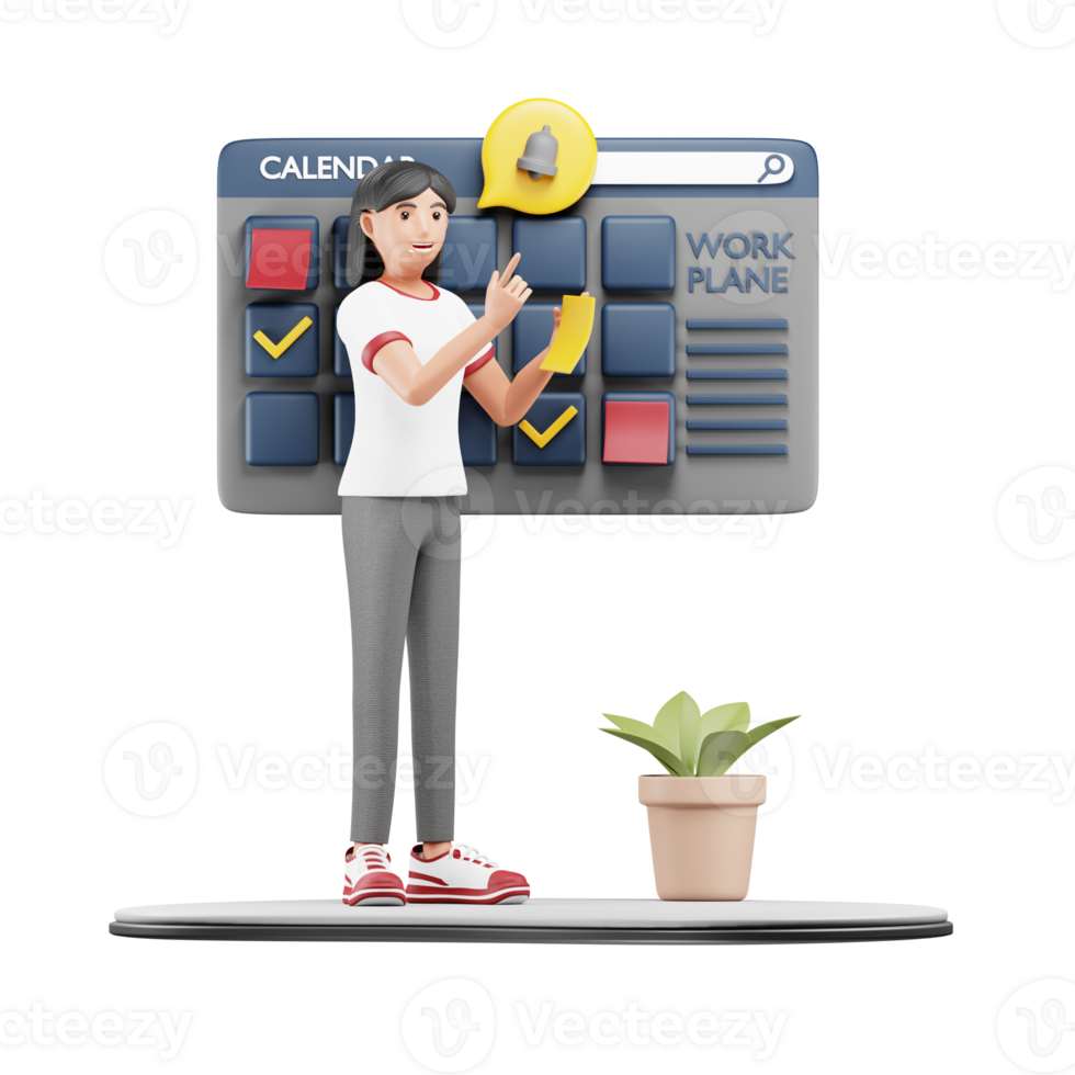 3D Businesswoman Making Work Plans and Marking Schedules. Cartoon Character Illustration for Corporate and Productivity png