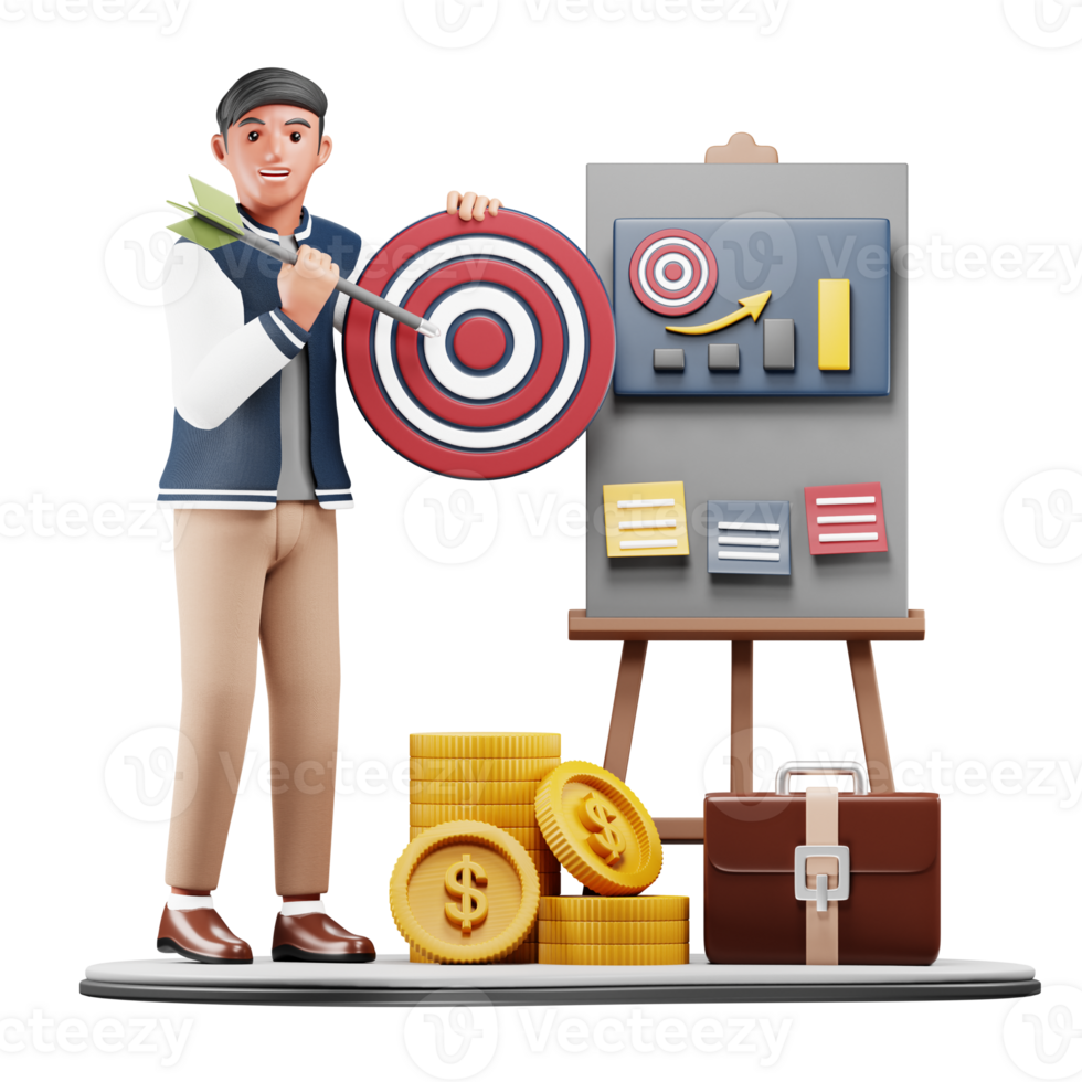 3D Businessman Presenting Business Target. Modern Cartoon Character Illustration for Corporate and Business Strategy-Themed Digital Art Projects png