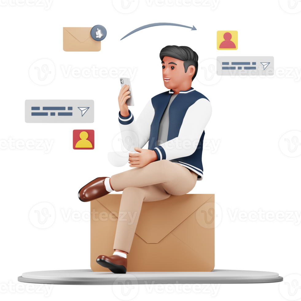 3D Businessman Checking Email on Mobile. Modern Cartoon Character Illustration for Corporate and Business Themed Digital Art Project png