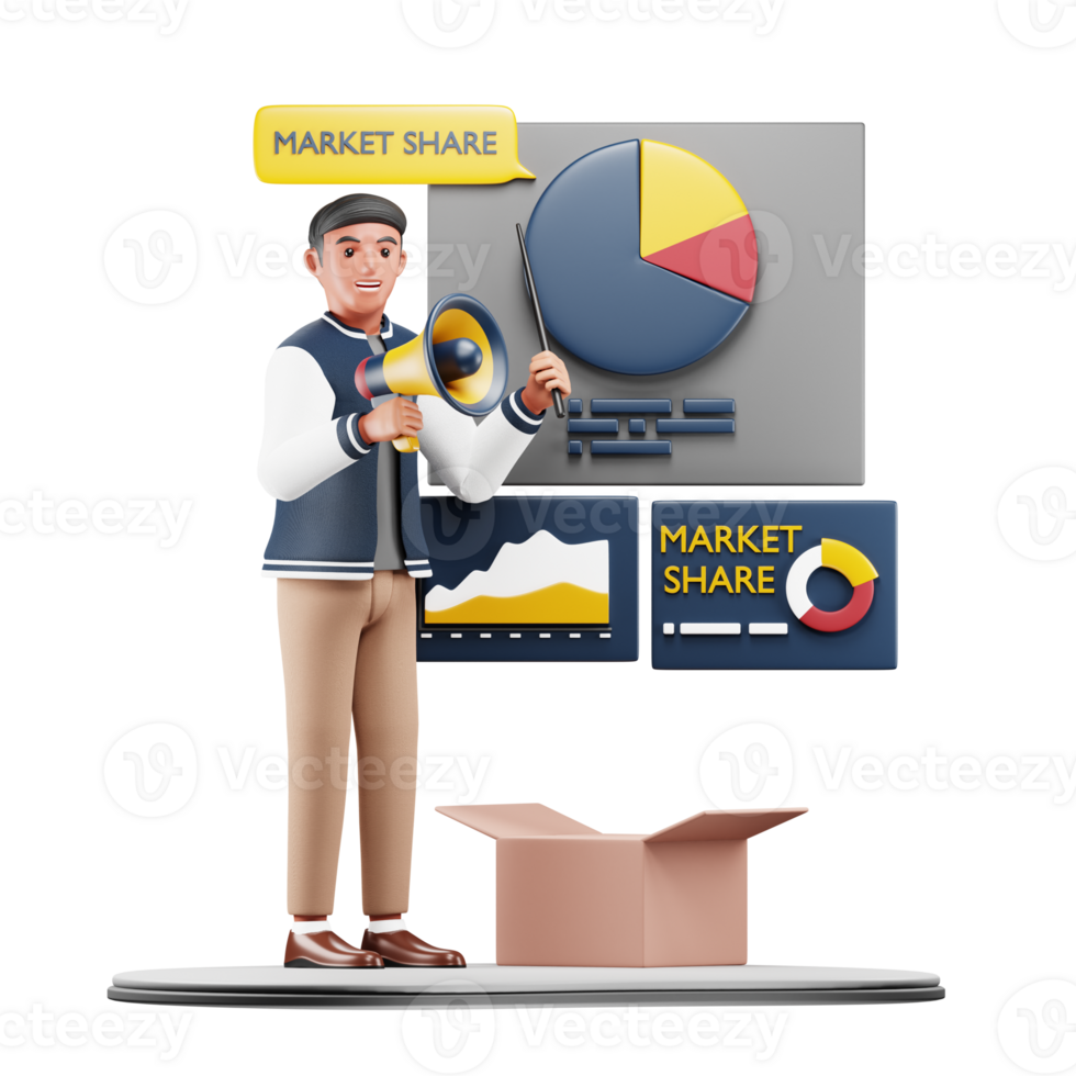 3D Businessman Character Conducting Share Market Analysis for Corporate and Economic Designs png