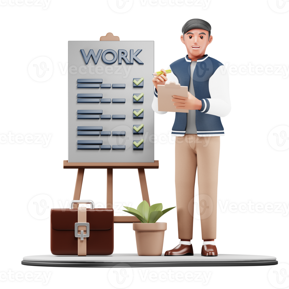 3D Businessman with Work Checklist. Modern Cartoon Character Illustration for Corporate and Productivity png