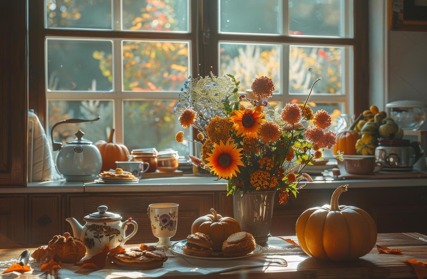 Autumnal Still Life With Pumpkins, Teapot, and Flowers on a Windowsill photo