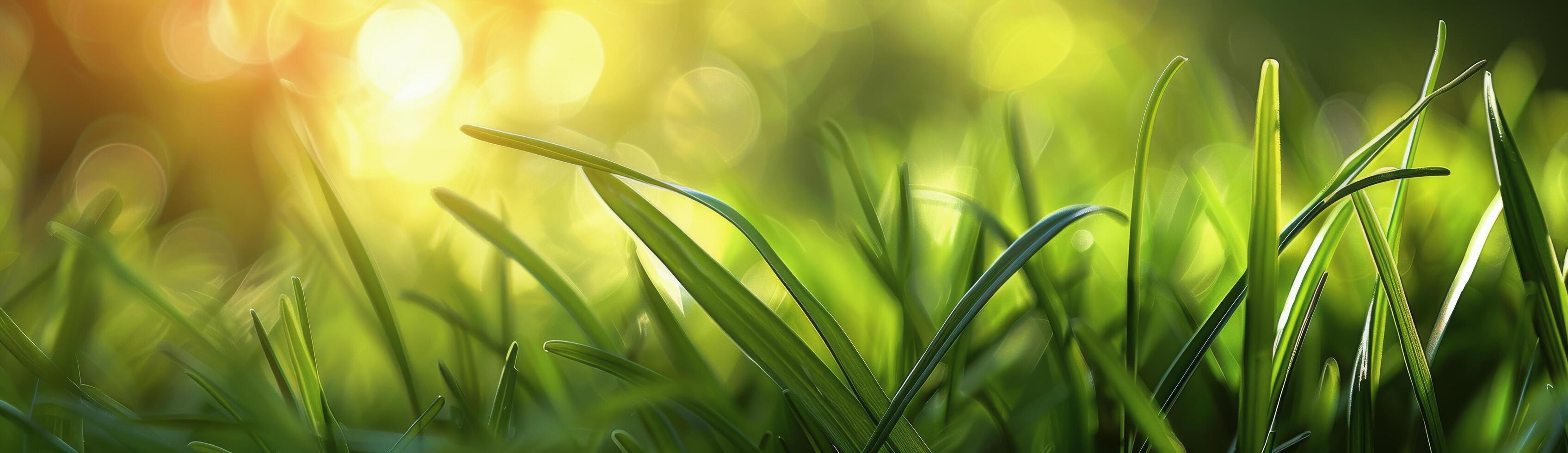Closeup View of Green Grass Blades in Sunlight photo