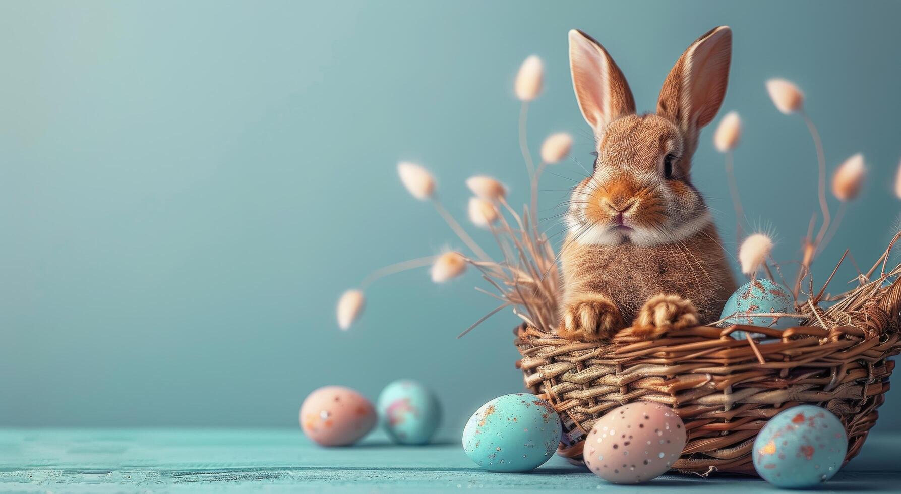 Easter Bunny Sitting in Wicker Basket With Colorful Eggs photo