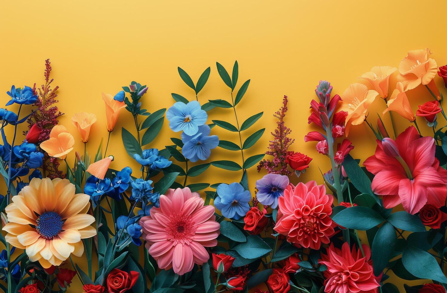 Colorful Spring Flowers Arranged on a Yellow Background photo