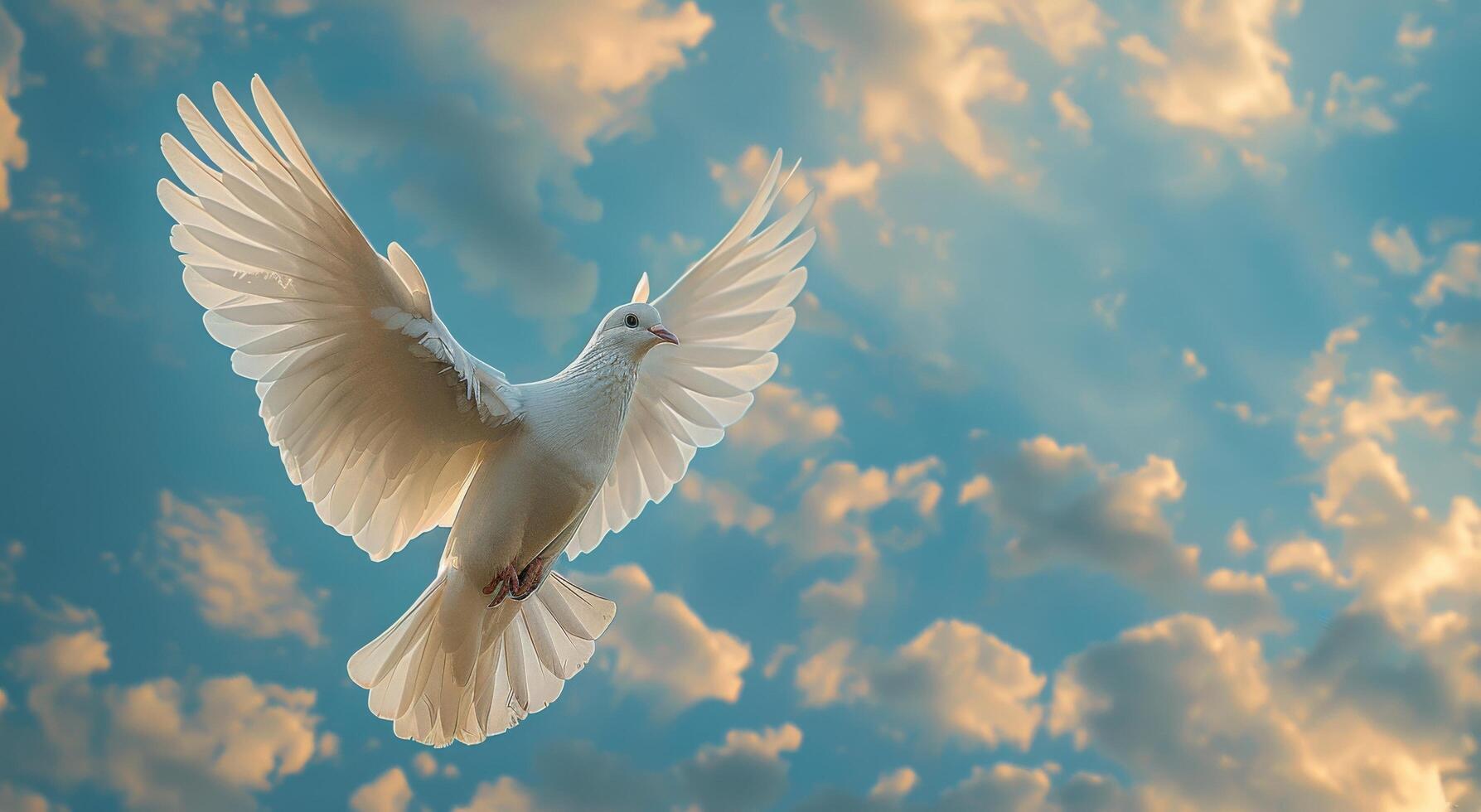 White Dove Soaring Through Blue Sky With White Clouds photo