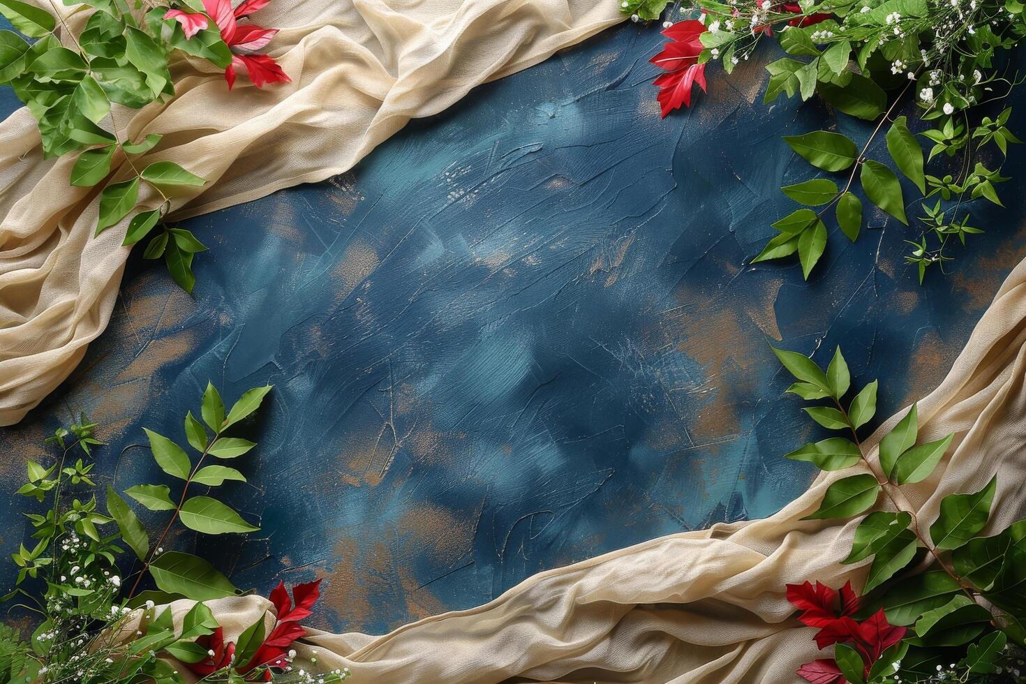 Red And Yellow Fabric On Blue Textured Background photo
