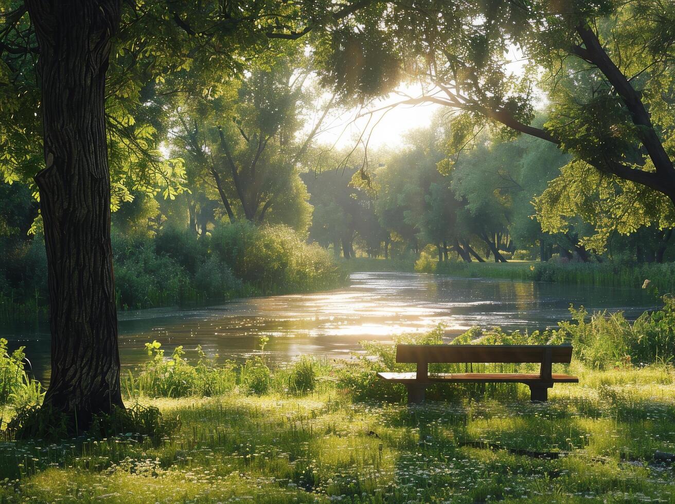 A Tranquil Bench by the River on a Sunny Afternoon in a Green Forest photo