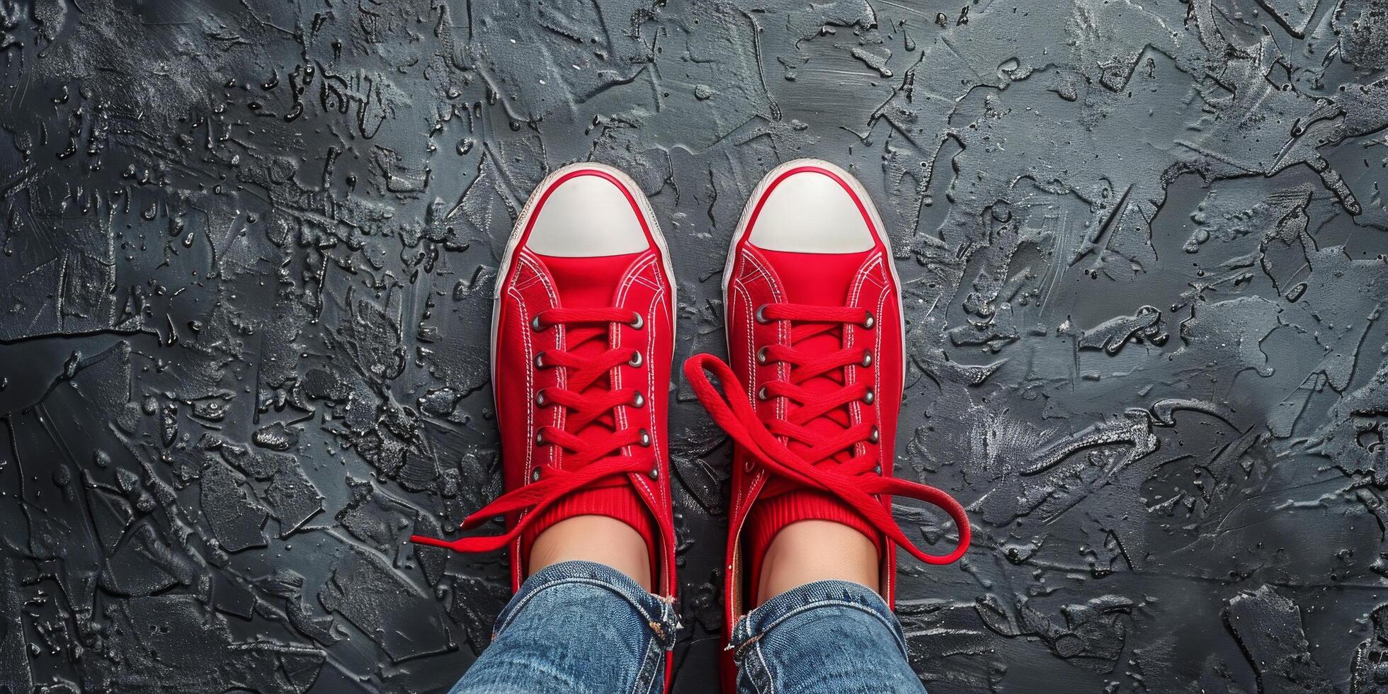 Persons Feet in Red Sneakers on Black Surface photo
