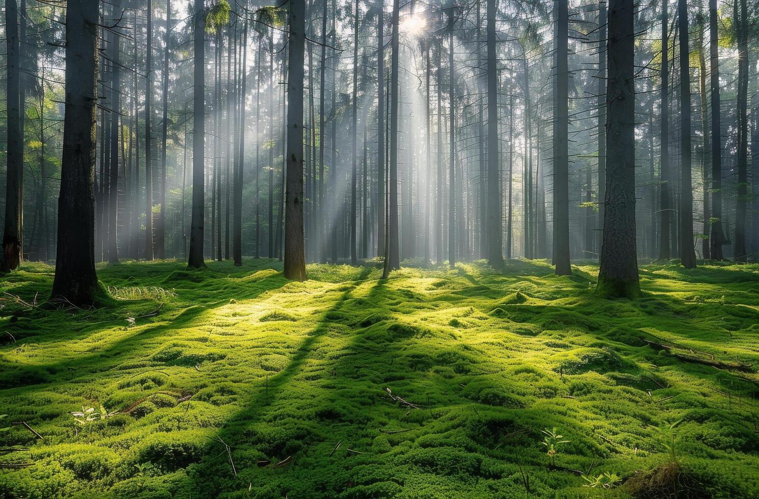 Morning Sunlight Through Tall Pine Trees in a Lush Forest photo