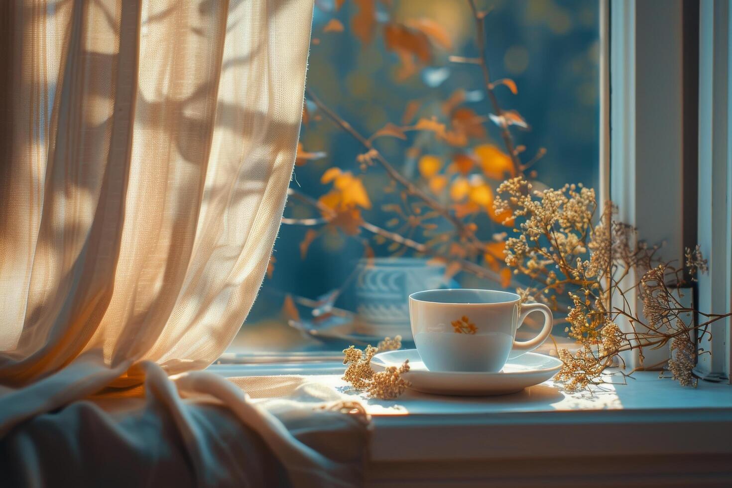 A Cup of Tea by the Window on a Sunny Autumn Day photo