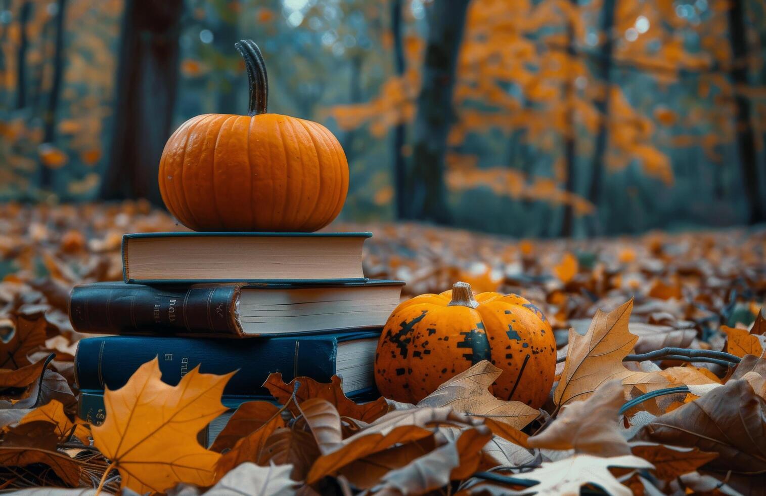 Small Pumpkin Rests on Books Amidst Autumn Leaves photo