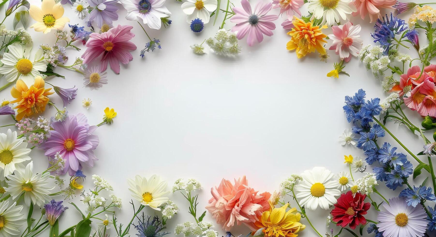 Colorful Wildflowers Arranged in a Circle on a White Background photo