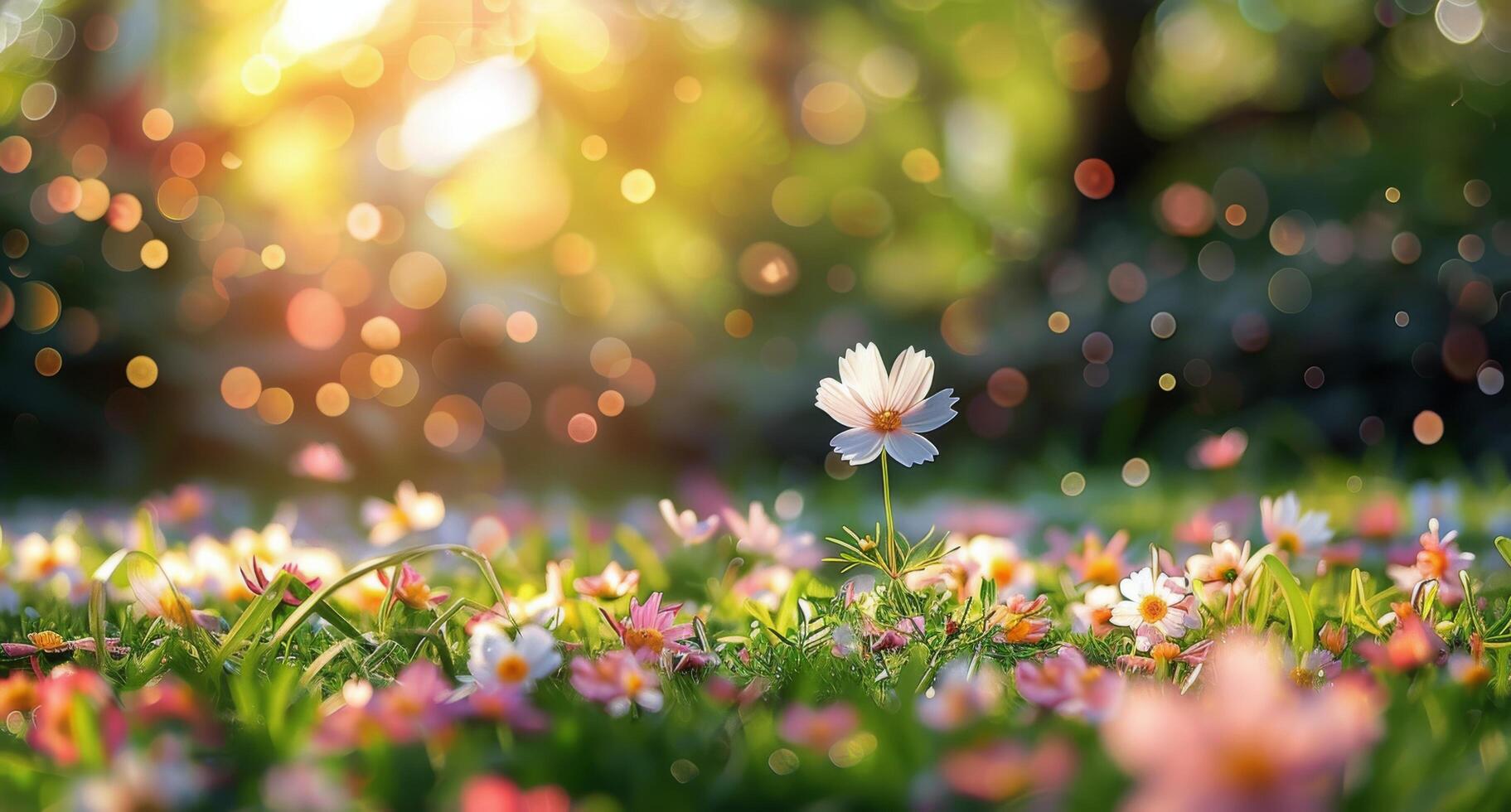 Single White Flower Blooming in a Field of Flowers at Sunset photo