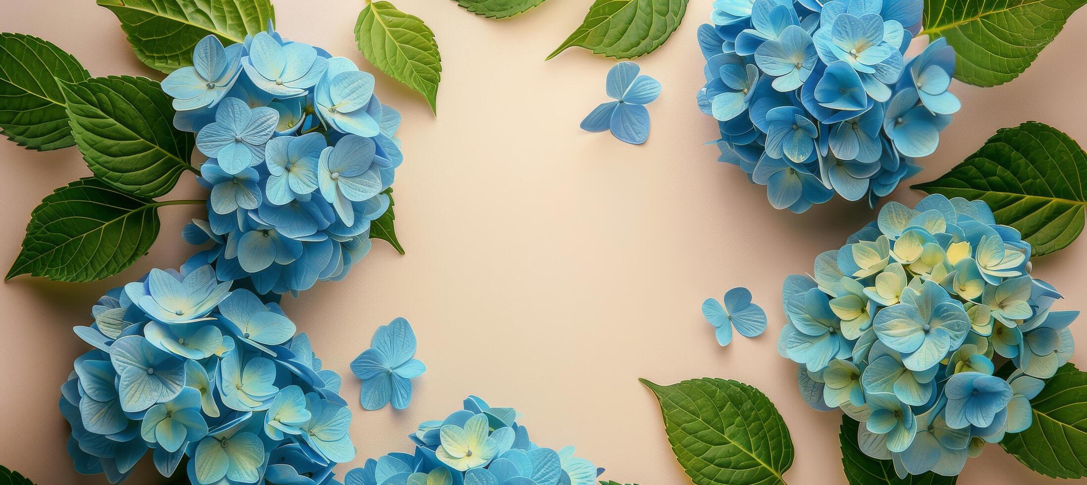 Blue Hydrangea Flowers and Green Leaves on a Peach Background photo