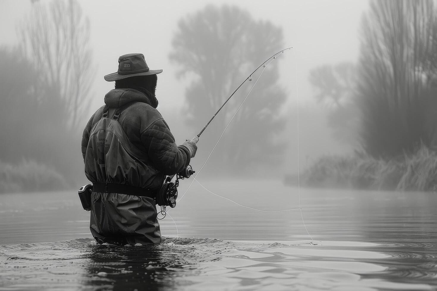 Fisherman Casting a Line in Foggy River on a Misty Morning photo