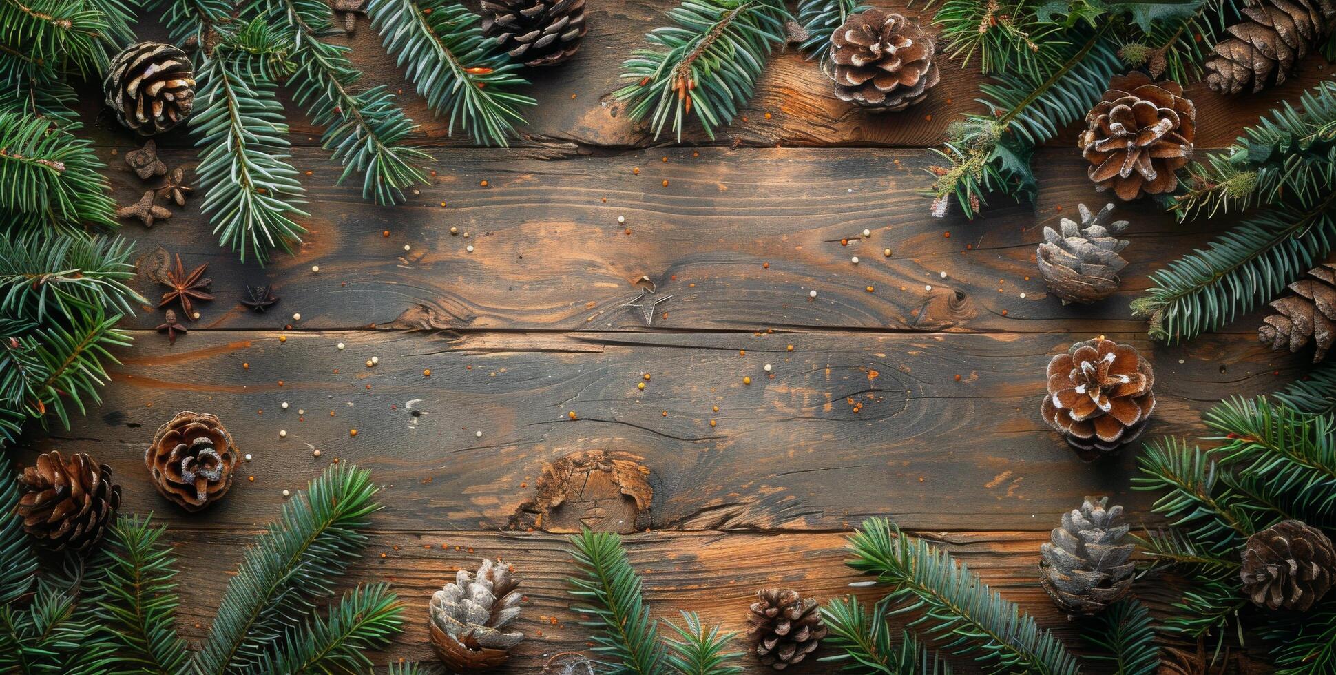 Rustic Pine Branch Frame With Pine Cones and Star Anise on Weathered Wood photo