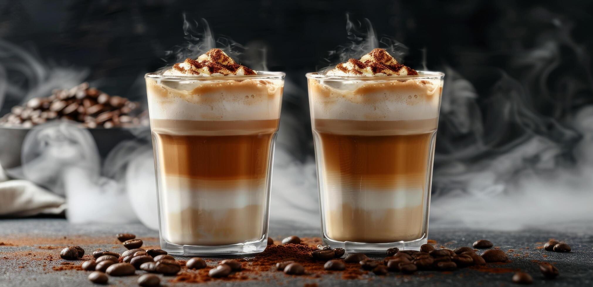 Two Steaming Cups of Coffee With Whipped Cream on a Dark Countertop photo
