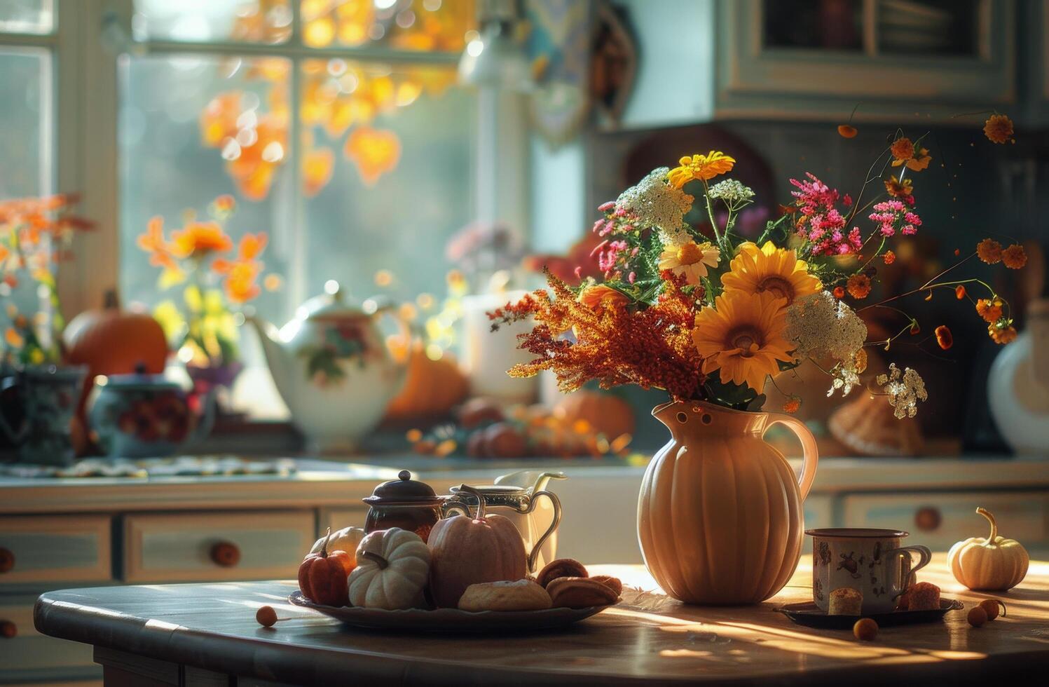 Autumnal Still Life With Pumpkins, Teapot, and Flowers on a Windowsill photo