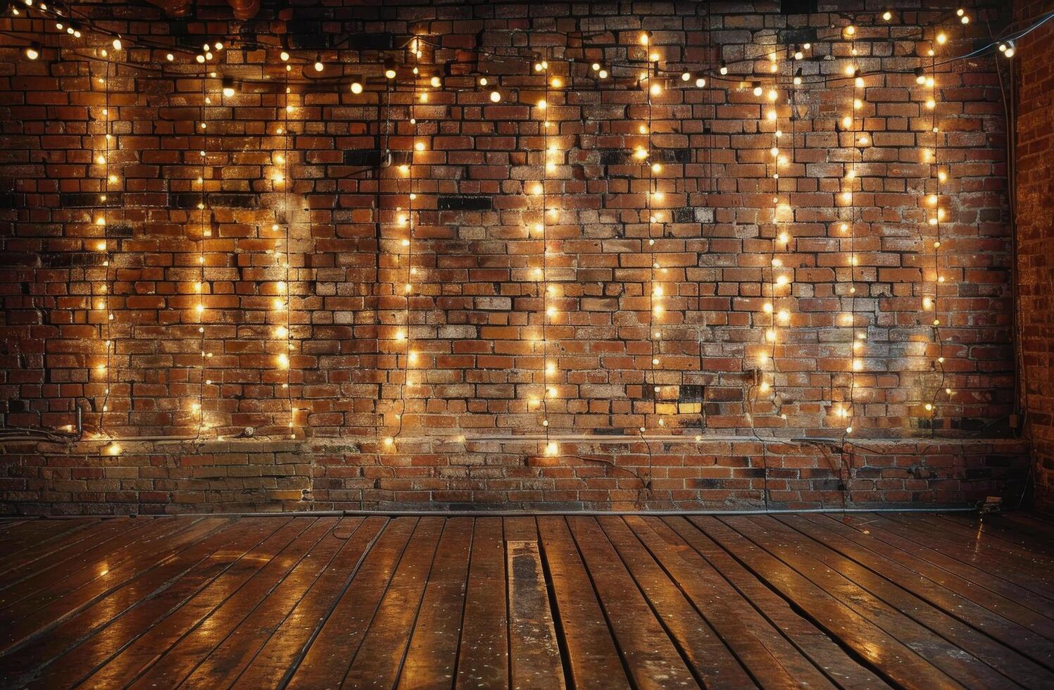 Brick Wall With String Lights and Wooden Floor photo