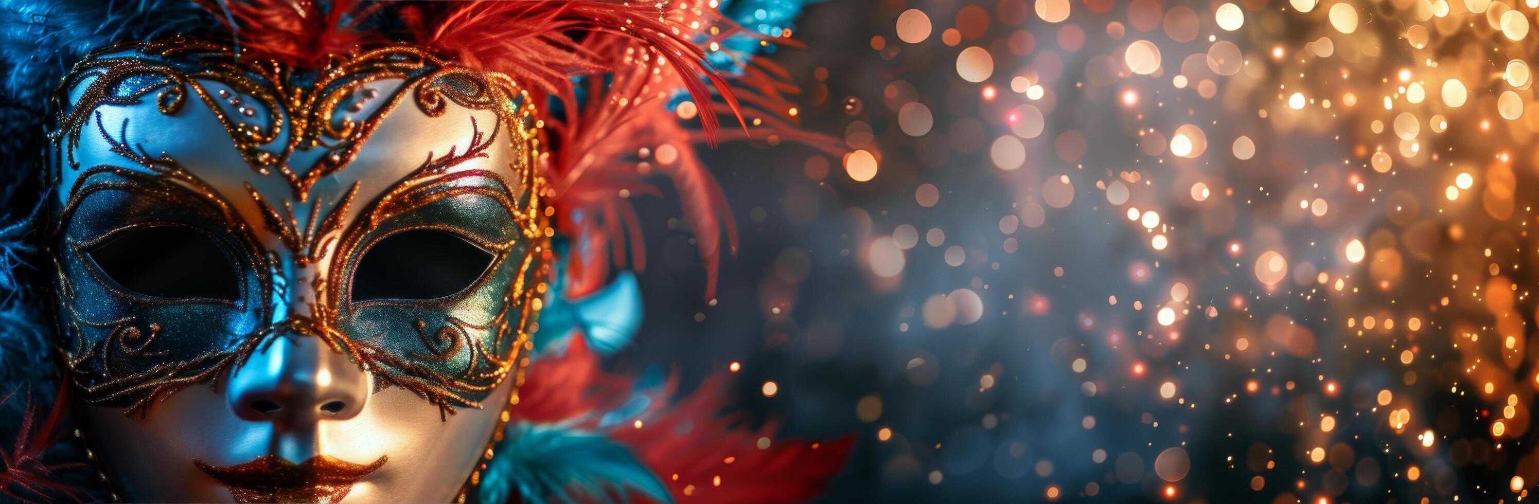 Woman Wearing Elegant Blue And Gold Mask With Feathers photo