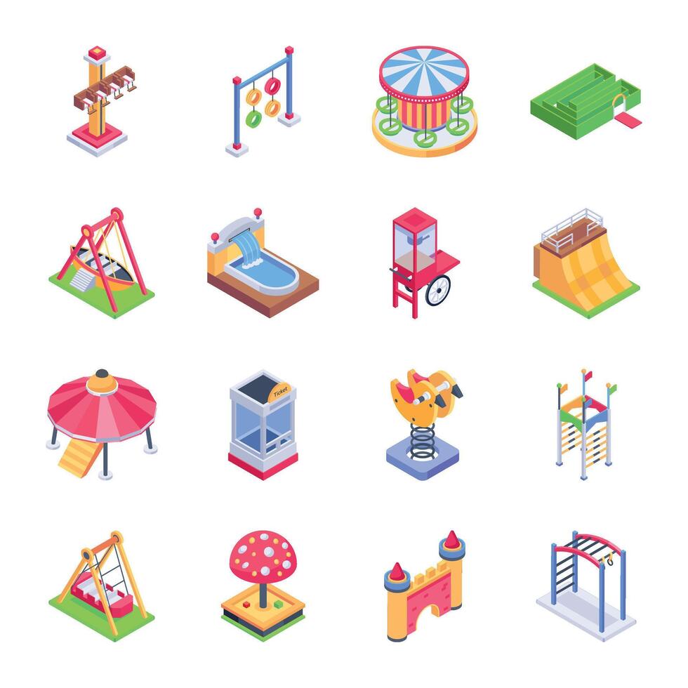 Handy Isometric Icons of Funfair Rides vector