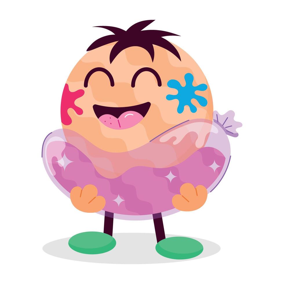 Happy emoji with holi balloon, flat style sticker vector