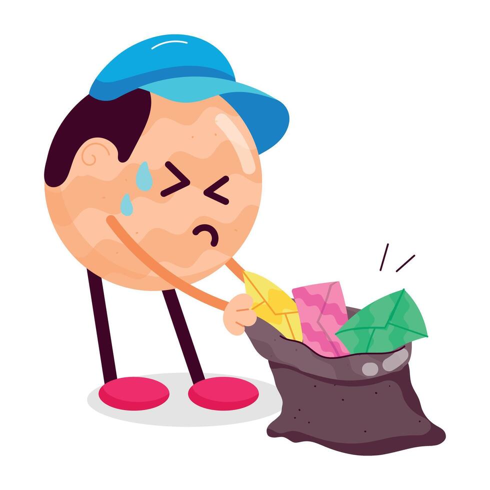 Delivery boy carrying mail slack, flat sticker vector