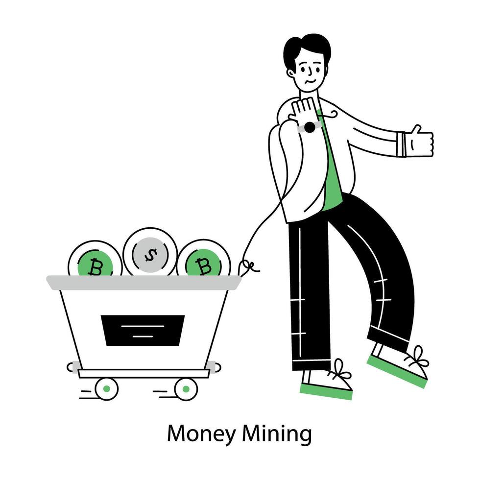 An editable outline mini illustration of money mining vector