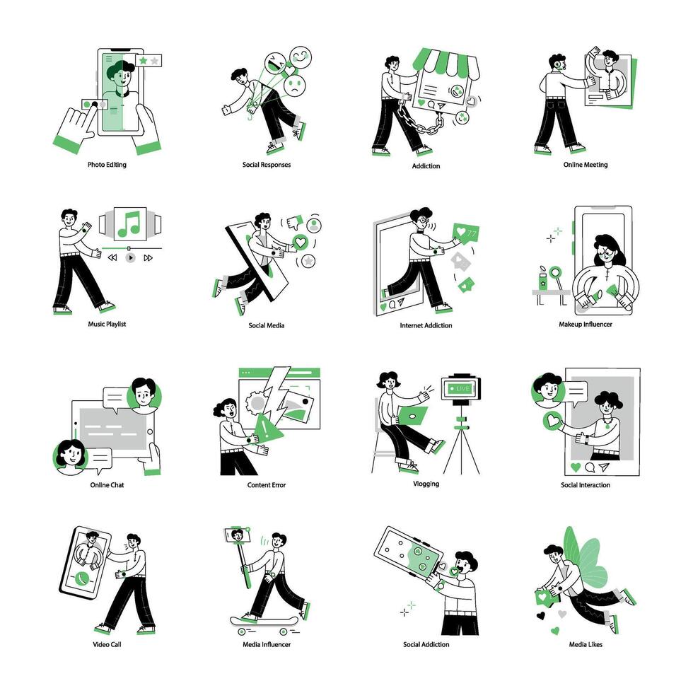 Set of Social Media Influencers Linear Mini Illustrations vector