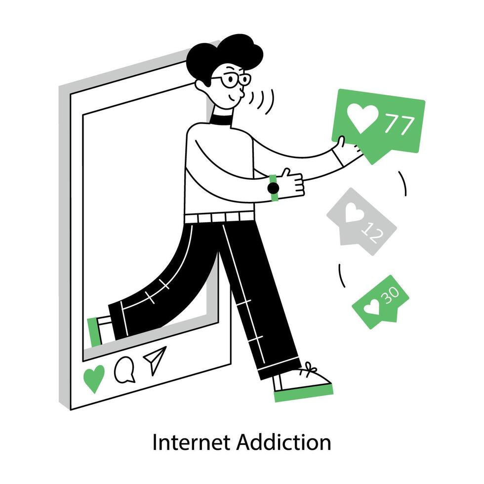 Well-crafted outline mini illustration of internet addiction vector