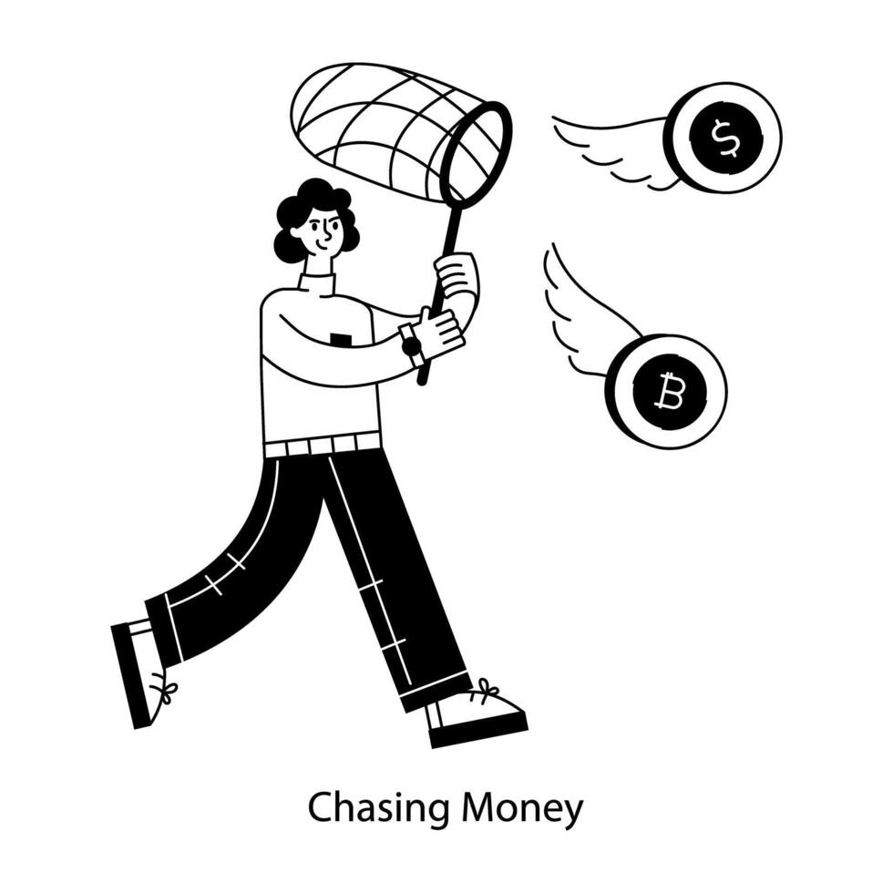 Well-designed line mini illustration of chasing money vector